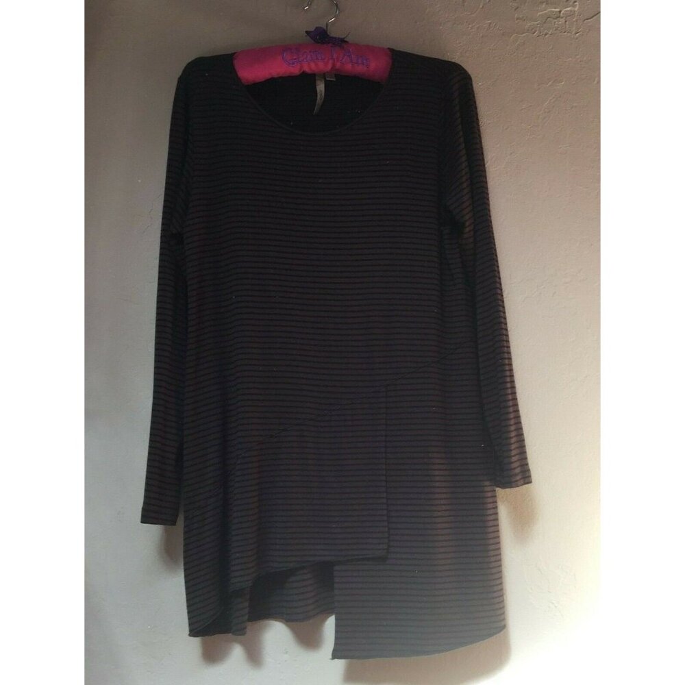 Comfy USA Womens Striped Asymmetric Tunic Top Medium Brown Long Sleeve Stretch